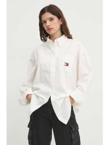 βαμβακερό πουκάμισο tommy jeans χρώμα άσπρο, dw0dw19357