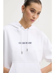 βαμβακερή μπλούζα guess jeans γυναικεία, χρώμα: άσπρο, με κουκούλα, w5rq27 k68i4 100% βαμβάκι