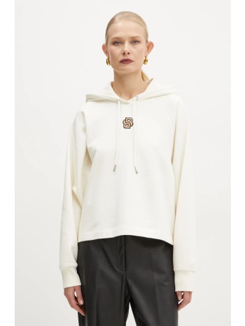 βαμβακερή μπλούζα boss γυναικεία, χρώμα μπεζ, με κουκούλα