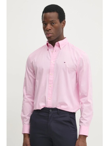 βαμβακερό πουκάμισο tommy hilfiger ανδρικό, χρώμα ροζ
