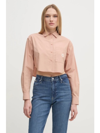 βαμβακερό πουκάμισο calvin klein jeans χρώμα πορτοκαλί
