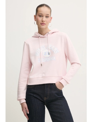 βαμβακερή μπλούζα guess jeans γυναικεία, χρώμα ροζ, με