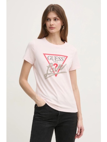 βαμβακερό μπλουζάκι guess γυναικείο, χρώμα ροζ, w5ri10