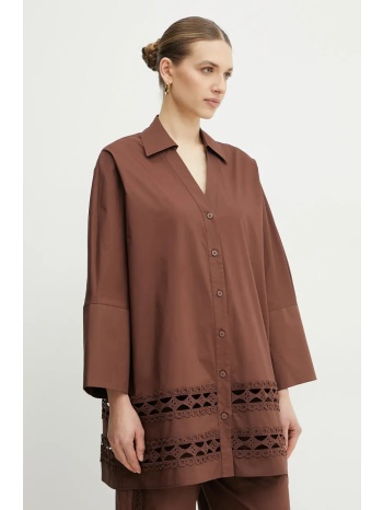 βαμβακερό πουκάμισο twinset χρώμα καφέ, 251lb2kbb