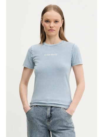 βαμβακερό μπλουζάκι guess jeans γυναικείο, χρώμα μπλε