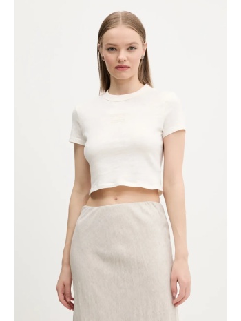 βαμβακερό μπλουζάκι tommy jeans γυναικείο, χρώμα μπεζ