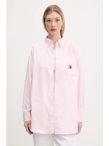 βαμβακερό πουκάμισο tommy jeans χρώμα ροζ, dw0dw20289 100%