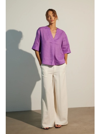 λευκή μπλούζα medicine χρώμα μοβ 100% λινό πλύση σε