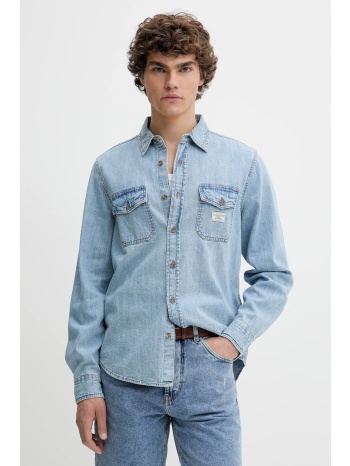 βαμβακερό πουκάμισο guess jeans ανδρικά, χρώμα μπλε