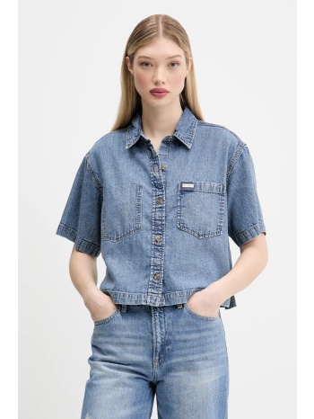 τζιν πουκάμισο guess jeans χρώμα μπλε, w5gh0f d5m81 100%