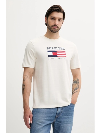 βαμβακερό μπλουζάκι tommy hilfiger ανδρικό, χρώμα μπεζ