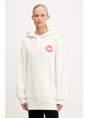 βαμβακερή μπλούζα hugo γυναικεία, χρώμα μπεζ, με κουκούλα