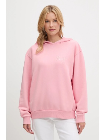 βαμβακερή μπλούζα hugo γυναικεία, χρώμα ροζ, με κουκούλα