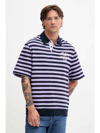 βαμβακερό μπλουζάκι πόλο tommy jeans ανδρικό, χρώμα μοβ