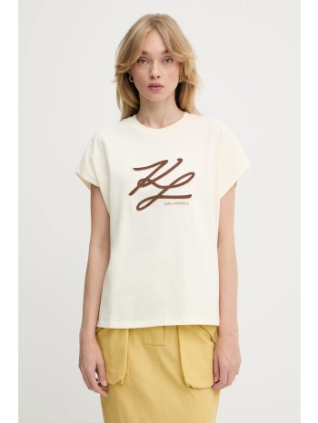 βαμβακερό μπλουζάκι karl lagerfeld χρώμα μπεζ, a3w17014