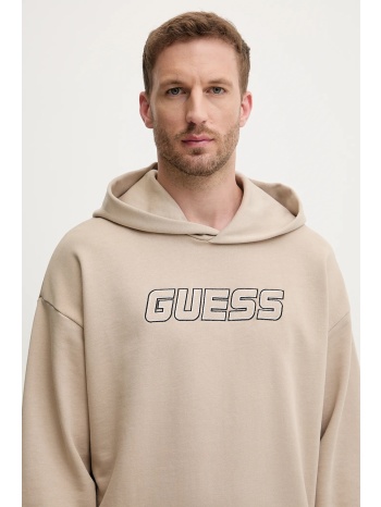 βαμβακερή μπλούζα guess mentore χρώμα μπεζ, με κουκούλα
