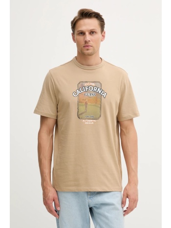βαμβακερό μπλουζάκι guess panorama ανδρικό, χρώμα μπεζ