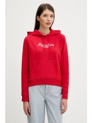 βαμβακερή μπλούζα guess jeans γυναικεία, χρώμα: κόκκινο, με κουκούλα, w5yq13 k68i4 100% βαμβάκι