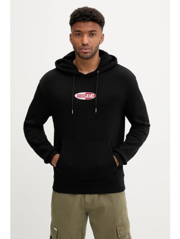 βαμβακερή μπλούζα guess jeans χρώμα μαύρο, με κουκούλα