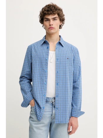 βαμβακερό πουκάμισο tommy jeans ανδρικό, χρώμα μπλε