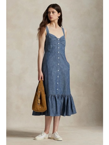 βαμβακερό φόρεμα polo ralph lauren χρώμα μπλε, 211972068