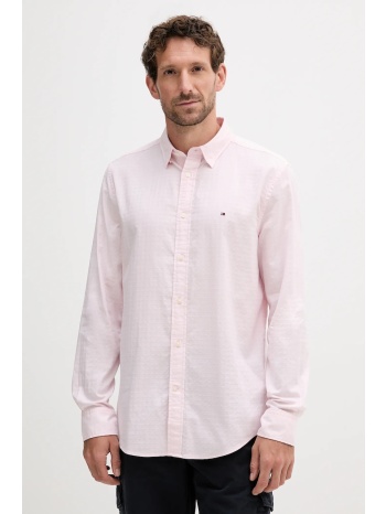 βαμβακερό πουκάμισο tommy hilfiger ανδρικό, χρώμα ροζ