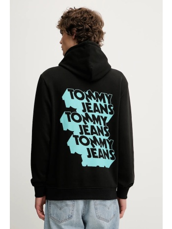 βαμβακερή μπλούζα tommy jeans χρώμα μαύρο, με κουκούλα