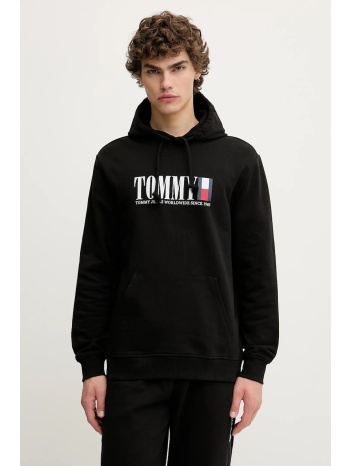 βαμβακερή μπλούζα tommy jeans χρώμα μαύρο, με κουκούλα