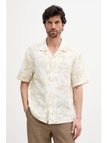 πουκάμισο calvin klein χρώμα μπεζ, lv04lb157g 55% λινό