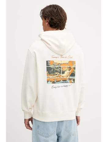 βαμβακερή μπλούζα tommy jeans χρώμα μπεζ, με κουκούλα