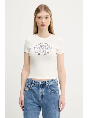 μπλουζάκι tommy jeans χρώμα μπεζ, dw0dw21421 95% βαμβάκι