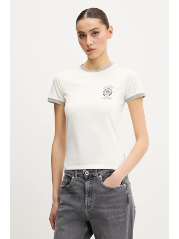 βαμβακερό μπλουζάκι guess jeans γυναικείο, χρώμα μπεζ