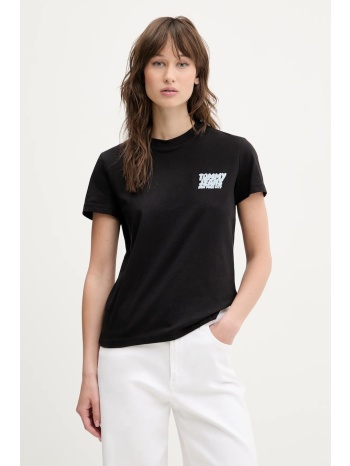 βαμβακερό μπλουζάκι tommy jeans γυναικείο, χρώμα μαύρο