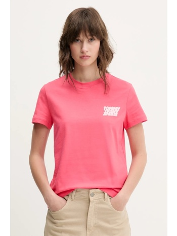βαμβακερό μπλουζάκι tommy jeans γυναικείο, χρώμα ροζ