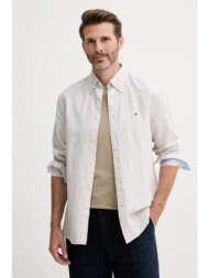 πουκάμισο με μείγμα από λινό tommy hilfiger ανδρικό, χρώμα: μπεζ, mw0mw40704 52% βαμβάκι, 48% λινό