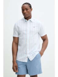 πουκάμισο με μείγμα από λινό tommy jeans ανδρικό, χρώμα: μπλε, dm0dm20894 58% βαμβάκι, 42% λινό