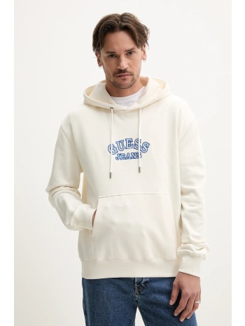 βαμβακερή μπλούζα guess jeans χρώμα μπεζ, με κουκούλα