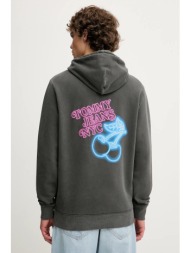 βαμβακερή μπλούζα tommy jeans χρώμα: γκρι, με κουκούλα, dm0dm21798 100% βαμβάκι