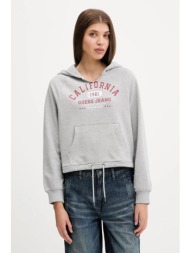 βαμβακερή μπλούζα guess jeans γυναικεία, χρώμα: γκρι, με κουκούλα, w5yq14 kcpr1 100% βαμβάκι