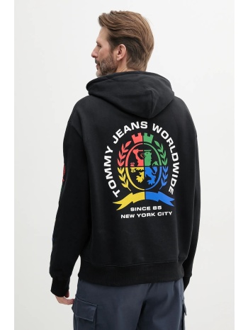 βαμβακερή μπλούζα tommy jeans χρώμα μαύρο, με κουκούλα