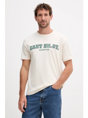 βαμβακερό μπλουζάκι gant ανδρικό, χρώμα μπεζ, 2003345 100%