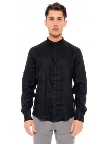 smart fashion ανδρικό λινό πουκάμισο με mao γιακά μαυρο σε προσφορά