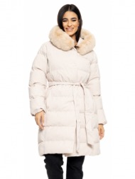 biston fashion γυναικείο μακρύ μπουφάν με ενσωματωμένη κουκούλα μπεζ 50-101-009-010-s