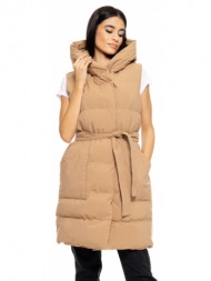 biston fashion γυναικείο μακρύ αμάνικο μπουφάν με ενσωματωμένη κουκούλα καμηλο 50-102-010-010-s