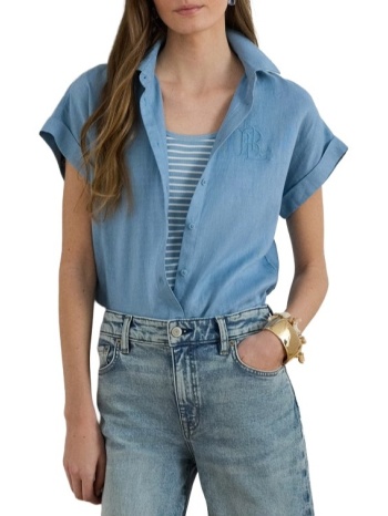 γυναικείο λινό κοντομάνικο πουκάμισο μπλε ralph lauren