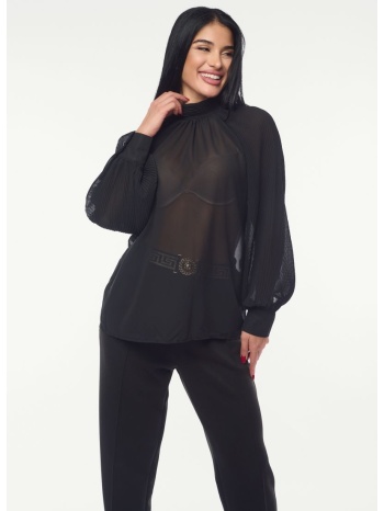 μπλουζα με διαφανεια πλισε μανικι μαυρο μαύρο σε προσφορά