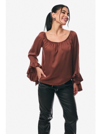 μπλουζα με βολαν μανικι καφε καφέ σε προσφορά