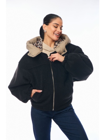 μπουφαν με λεοπαρ επενδυση και κουκουλα αποσπωμενη μαύρο σε προσφορά