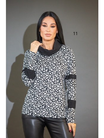 μπλουζα εμπριμε με γυριστο γιακα μαύρο