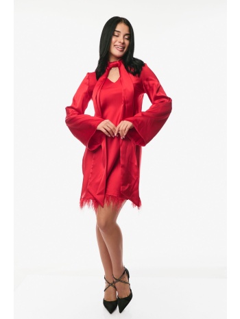 φορεμα σατεν με πουπουλα στο μανικι κόκκινο σε προσφορά